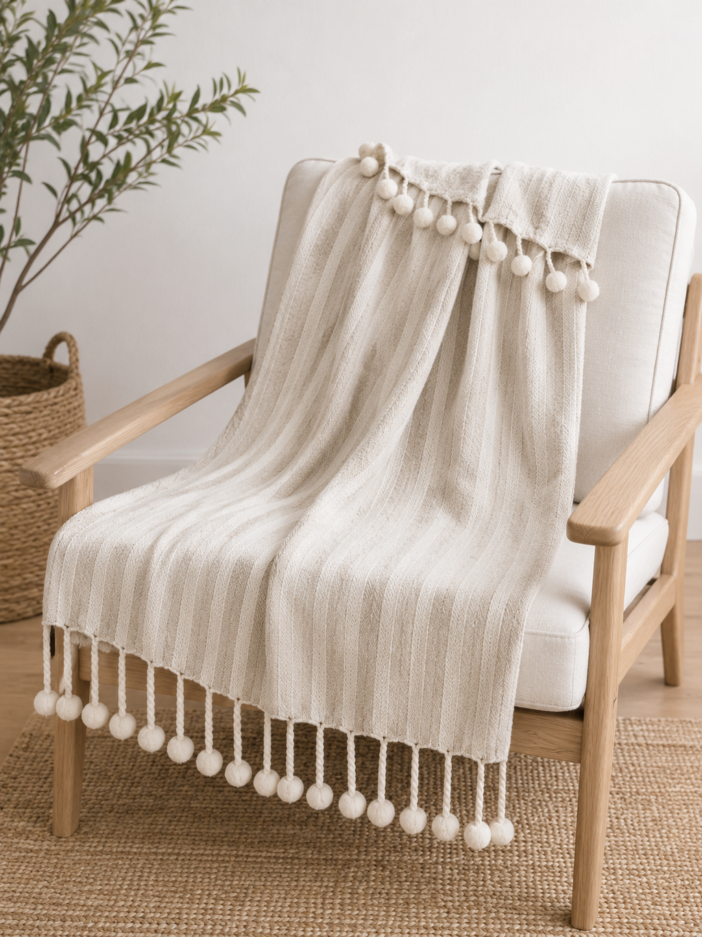 Neutral Striped Woven Tassel Throw