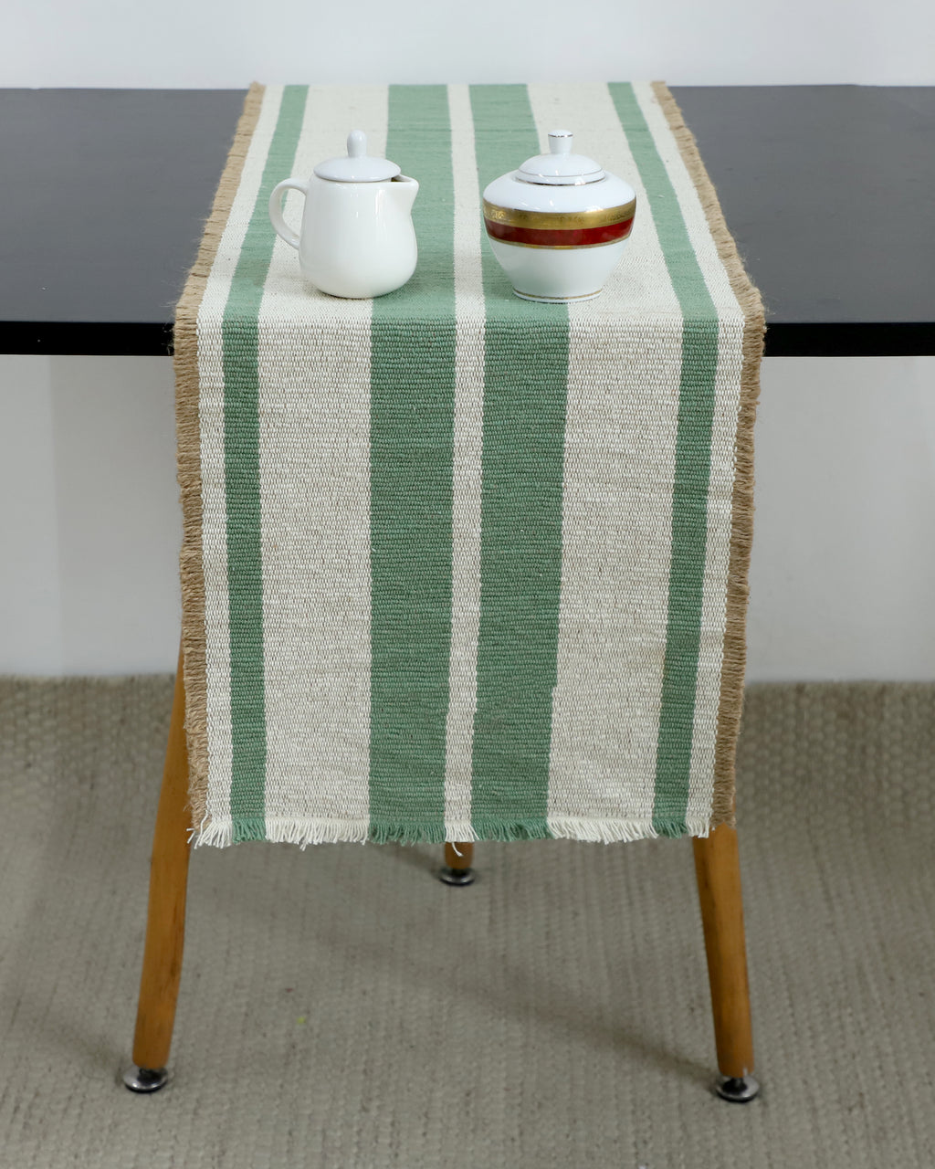 Green Woven Striped Table Runner