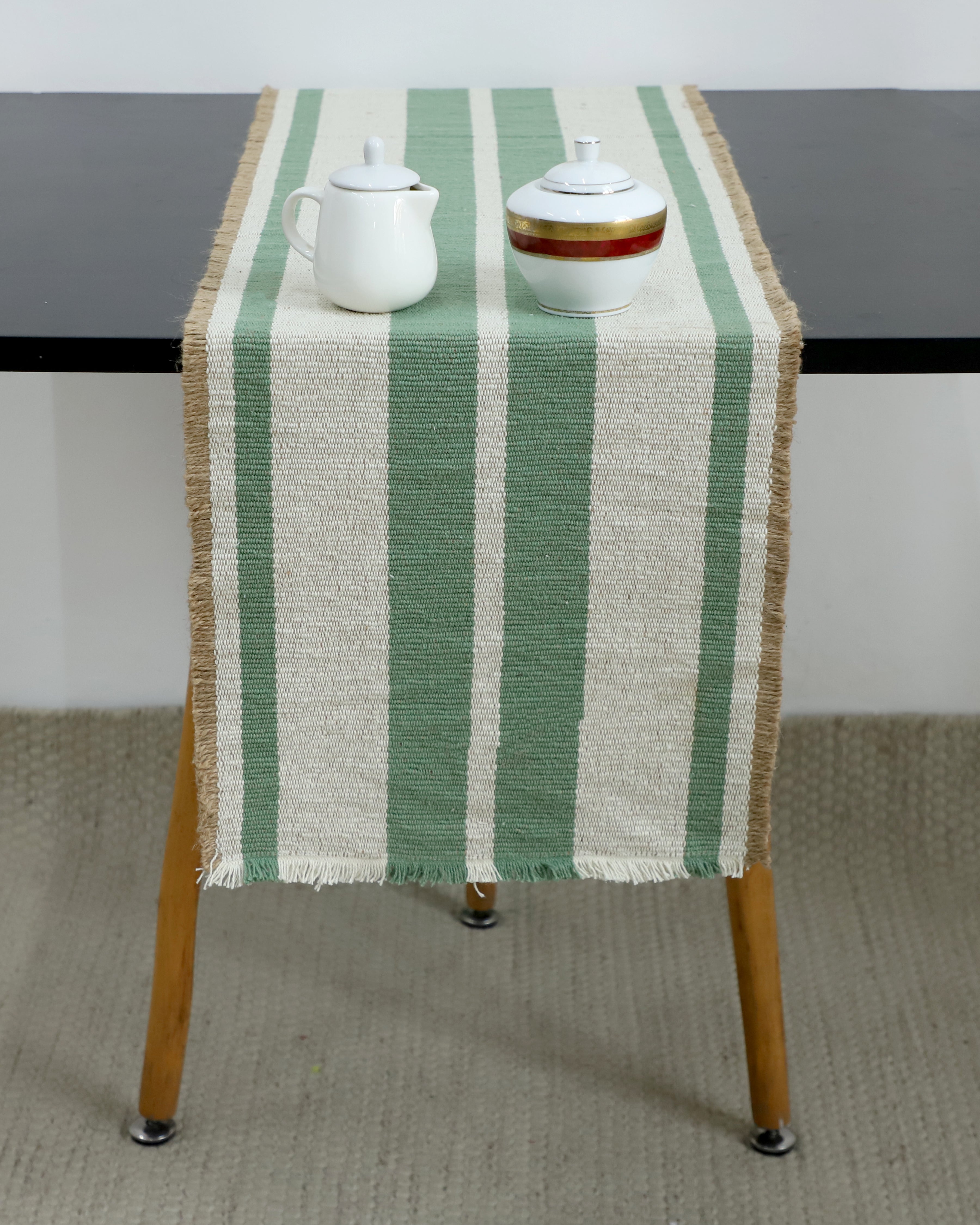 Green Woven Striped Table Runner