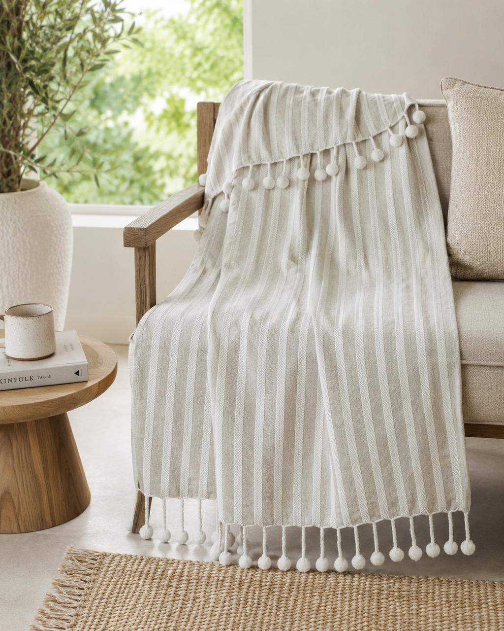 Neutral Striped Woven Tassel Throw