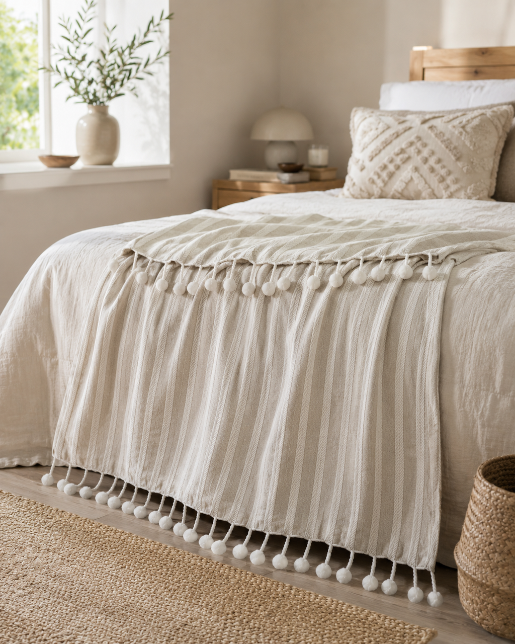 Neutral Striped Woven Tassel Throw
