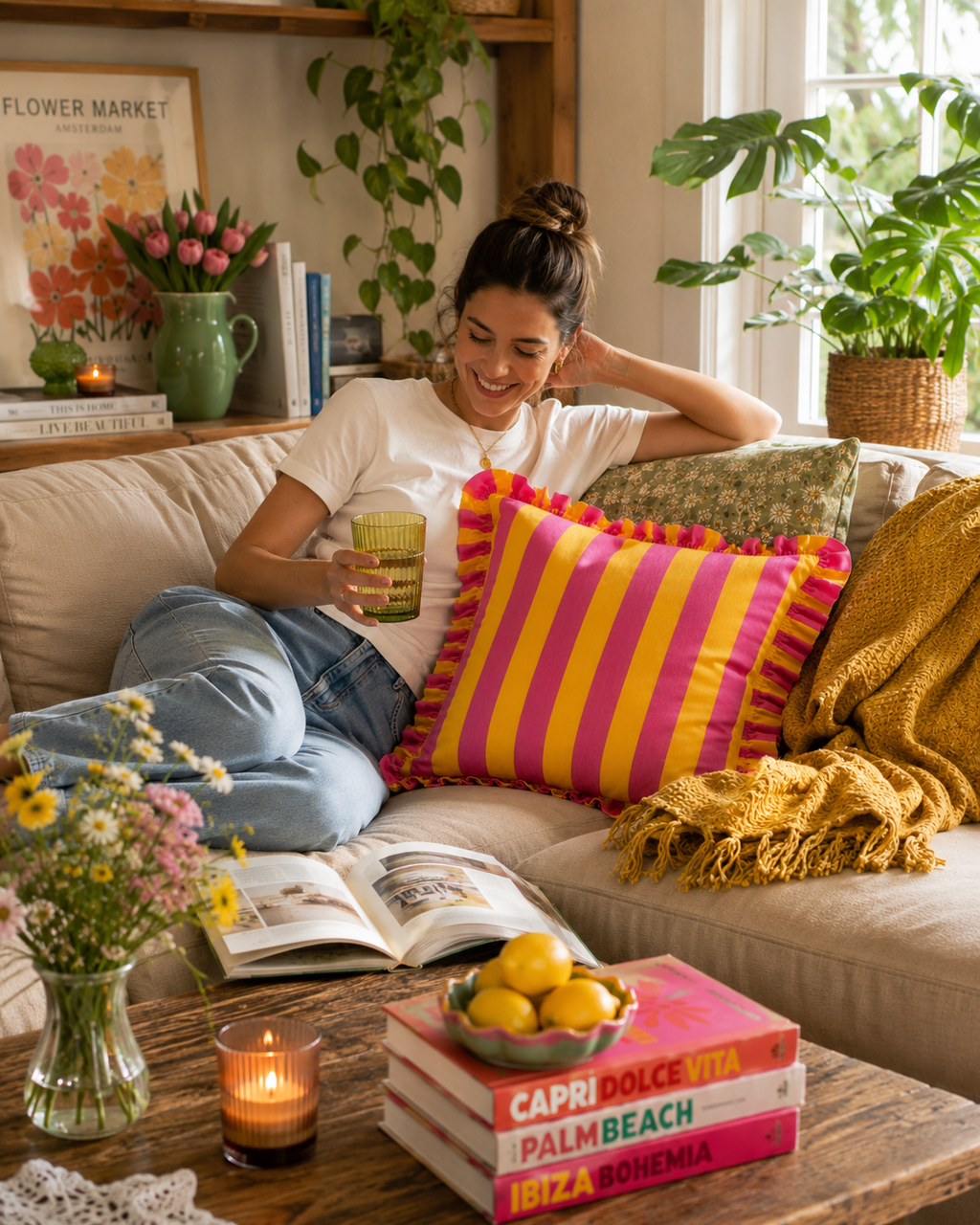 Striped Printed Ruffled Edge Cushion