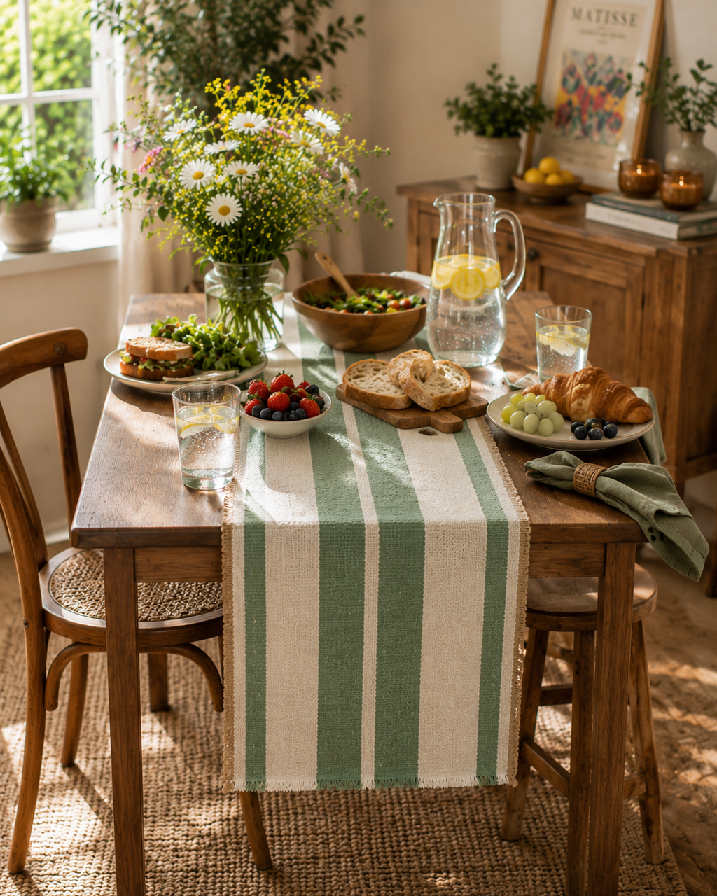 Green Woven Striped Table Runner