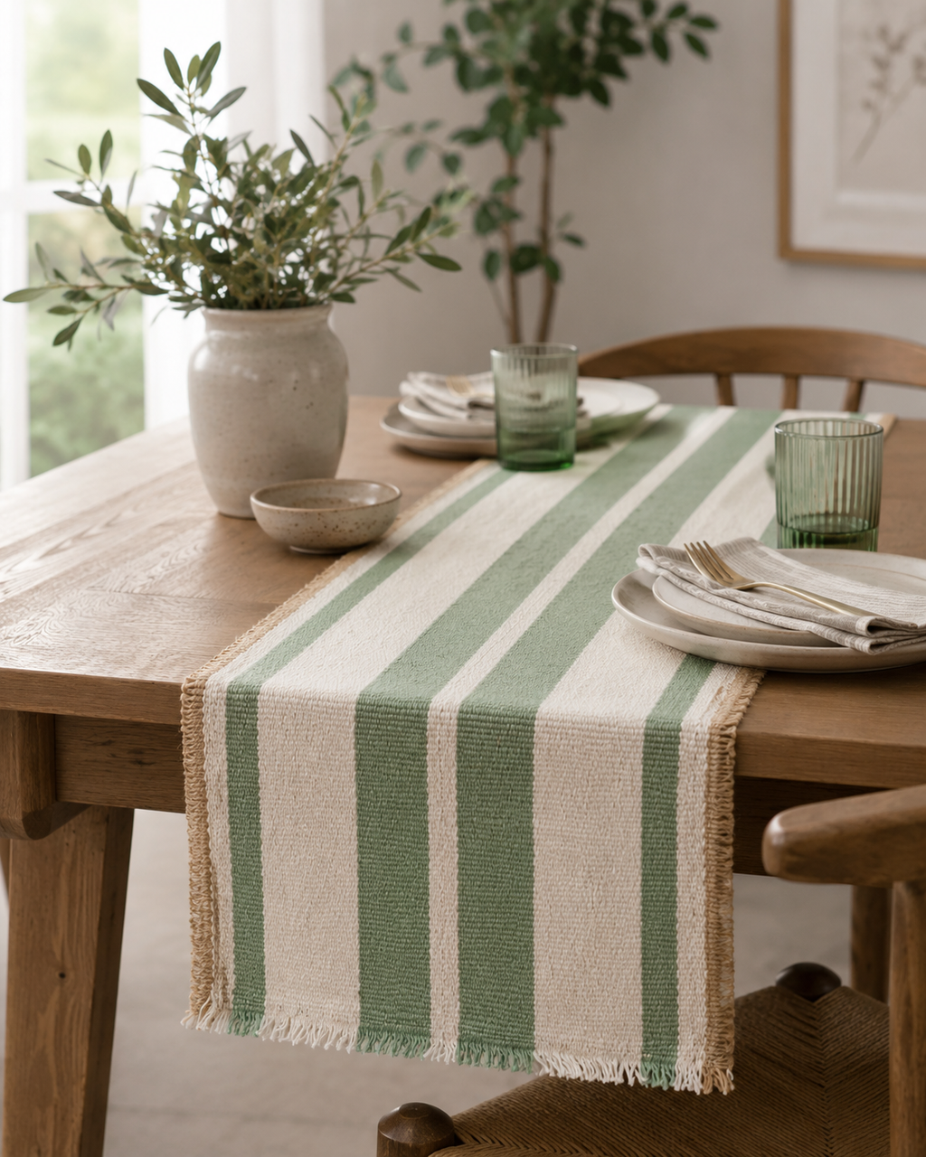 Green Woven Striped Table Runner
