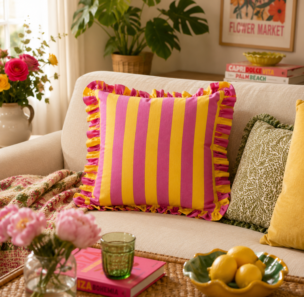 Striped Printed Ruffled Edge Cushion